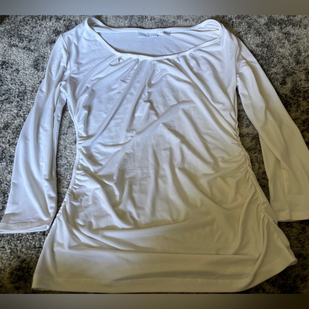 New York & Company Ruched Stretch Shirt White Size: Small